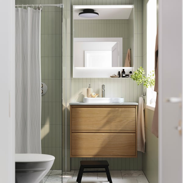 ÄNGSJÖN / BACKSJÖN Bathroom vanity with sink & faucet, oak effect/gray stone effect, 31x21 1/2x28 1/4 "