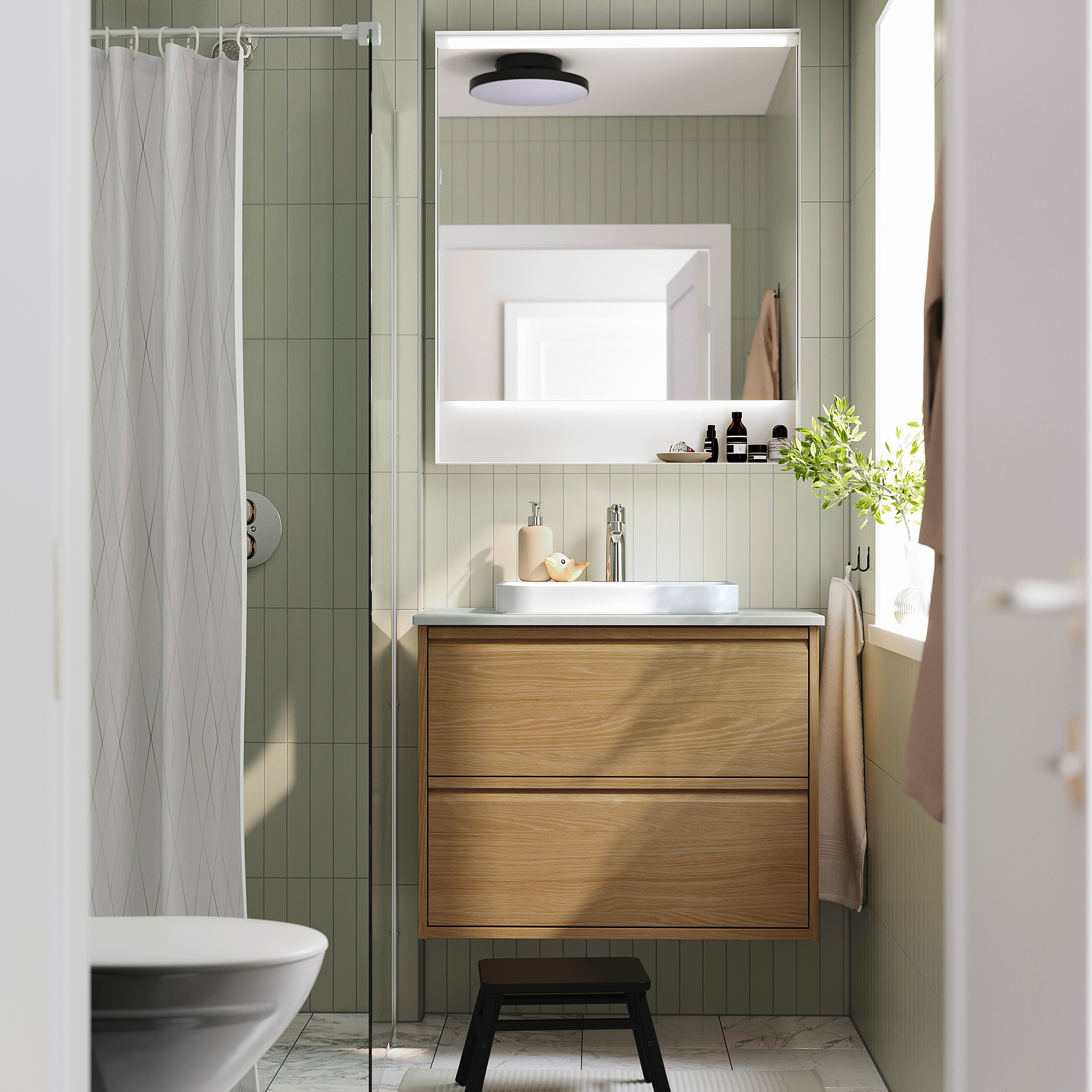 ÄNGSJÖN / BACKSJÖN Bathroom vanity with sink & faucet, oak effect/gray stone effect, 31x21 1/2x28 1/4 "