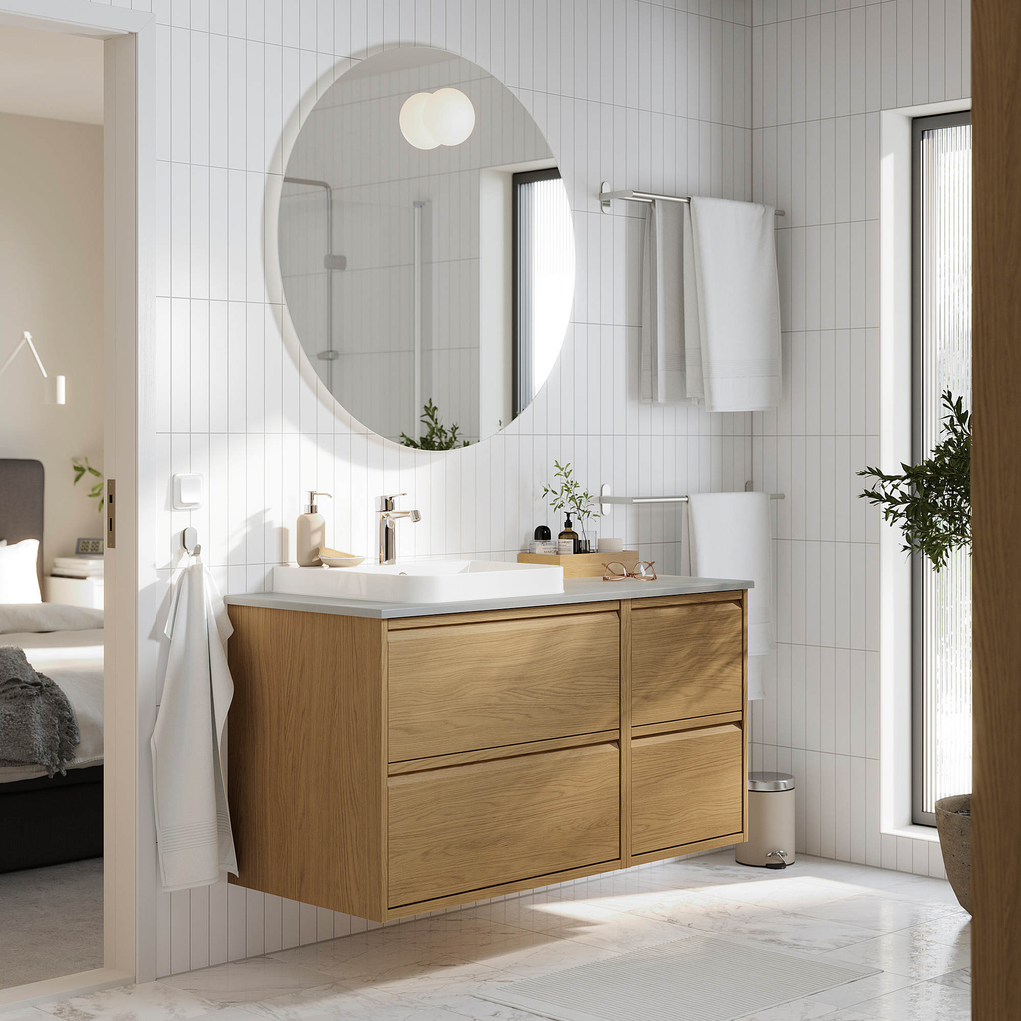 ÄNGSJÖN / BACKSJÖN Bathroom vanity with sink & faucet, oak effect/gray stone effect, 49x21 1/2x28 1/4 "