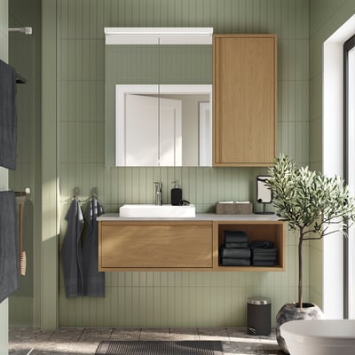 ÄNGSJÖN / BACKSJÖN Bathroom vanity with sink & faucet, oak effect/gray stone effect, 49x21 1/2x16 1/4 "