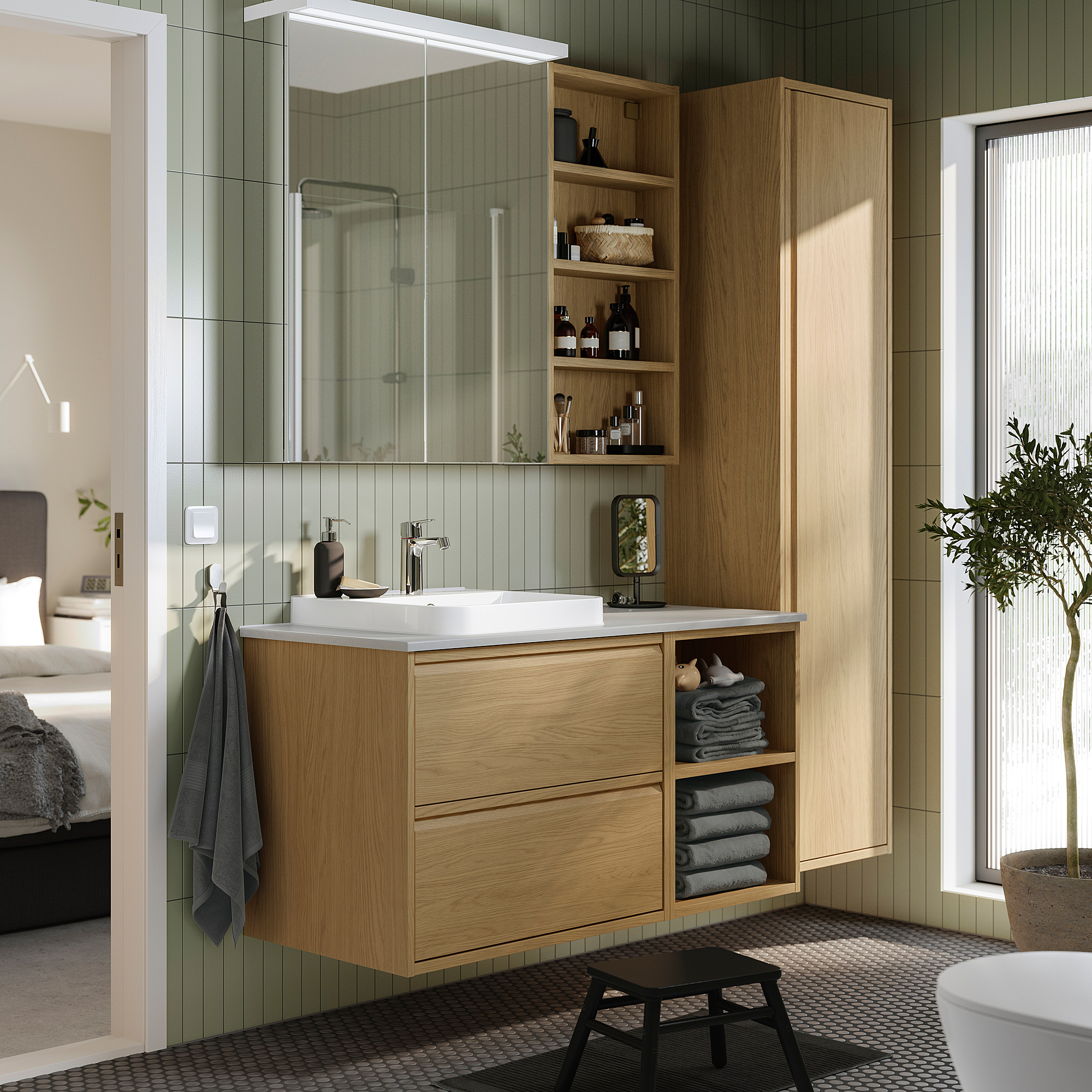 ÄNGSJÖN / BACKSJÖN Bathroom vanity with sink & faucet, oak effect/gray stone effect, 49x21 1/2x28 1/4 "