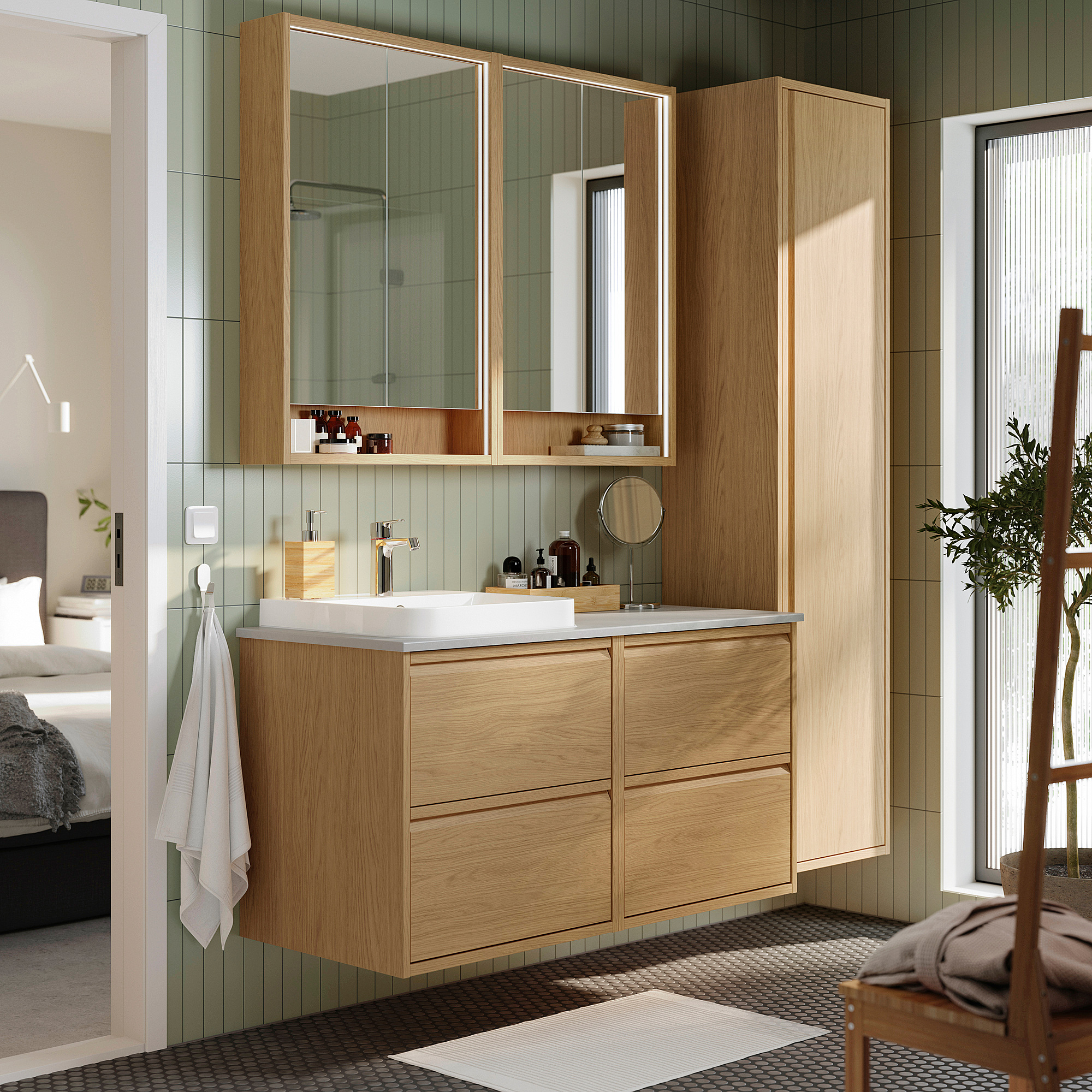 ÄNGSJÖN / BACKSJÖN Bathroom vanity with sink & faucet, oak effect/gray stone effect, 49x21 1/2x28 1/4 "