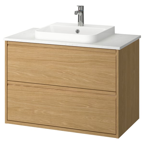 ÄNGSJÖN / BACKSJÖN Bathroom vanity with sink & faucet, oak effect/white marble effect, 37x21 1/2x28 1/4 "