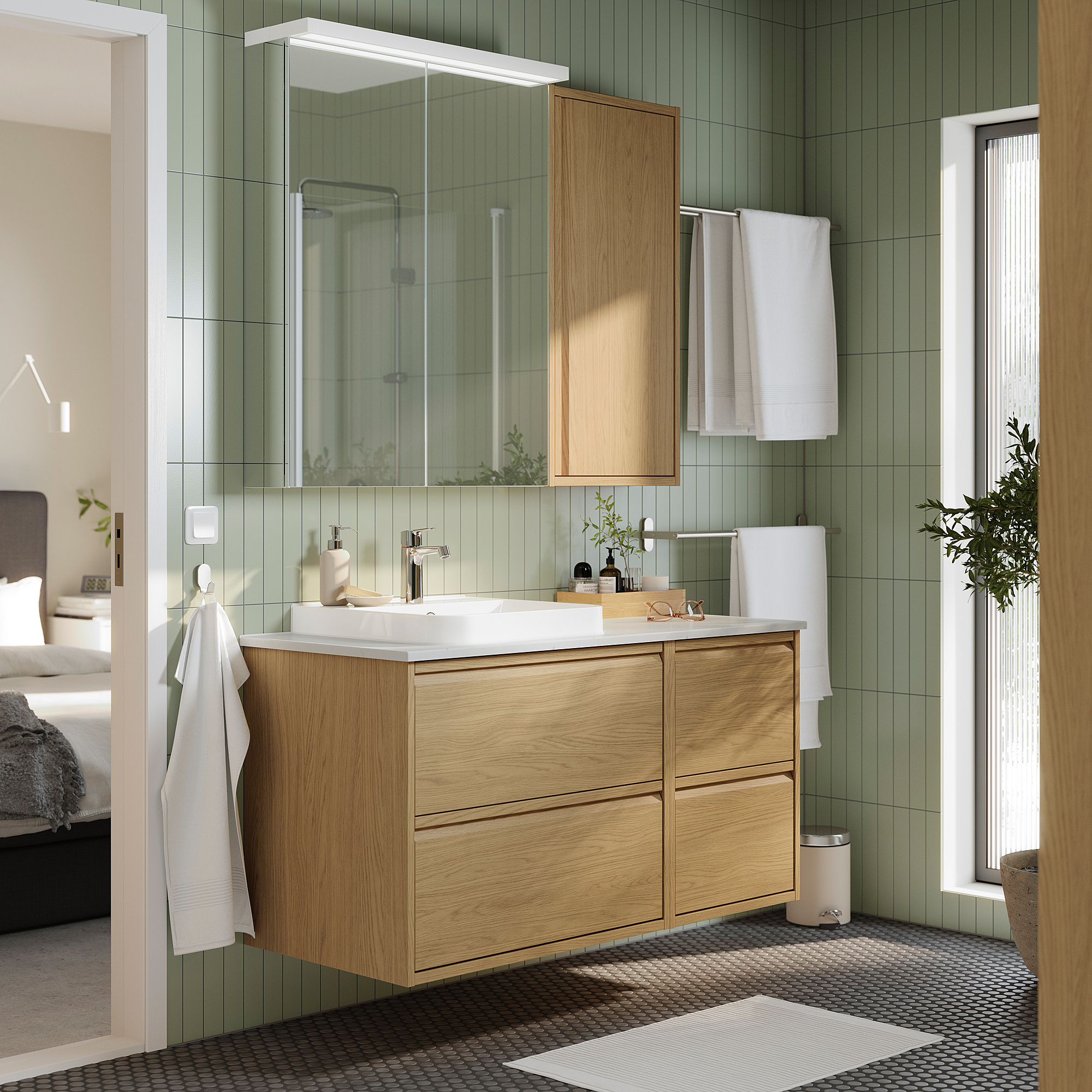 ÄNGSJÖN / BACKSJÖN Bathroom vanity with sink & faucet, oak effect/white marble effect, 49x21 1/2x28 1/4 "