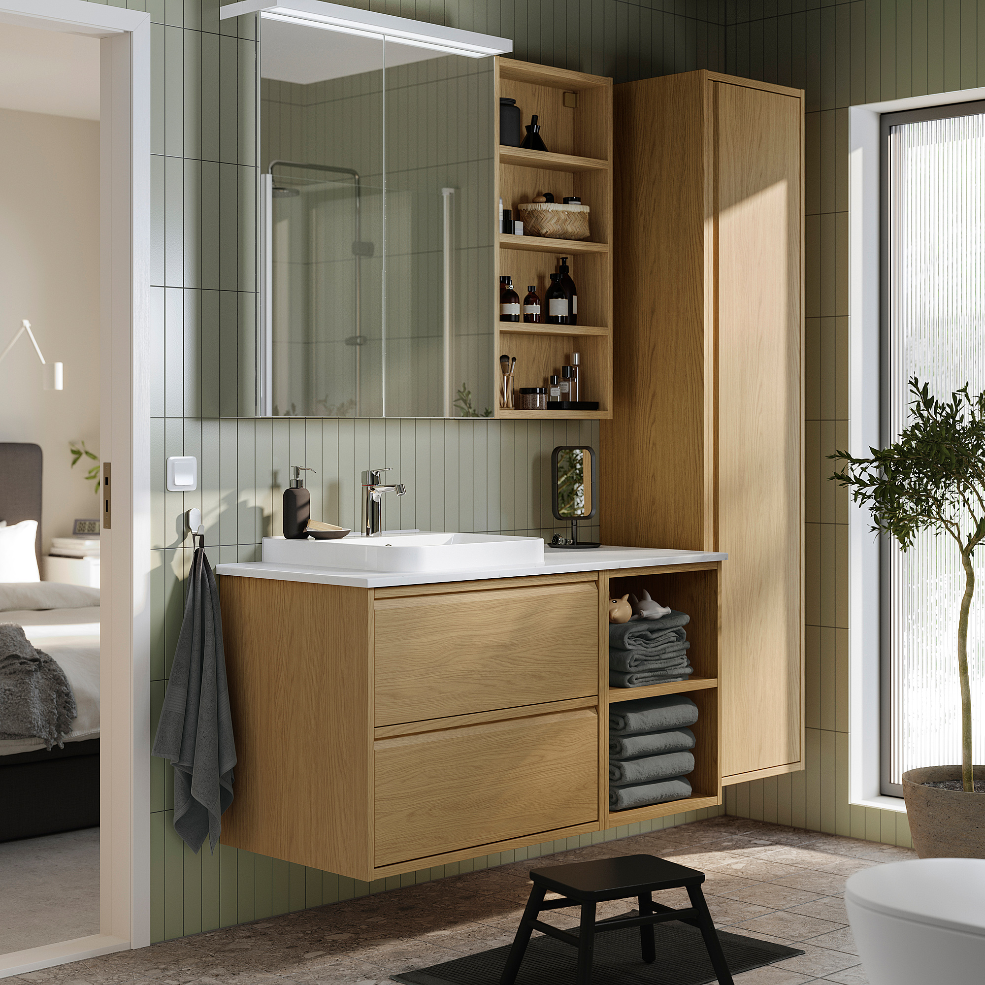 ÄNGSJÖN / BACKSJÖN Bathroom vanity with sink & faucet, oak effect/white marble effect, 49x21 1/2x28 1/4 "