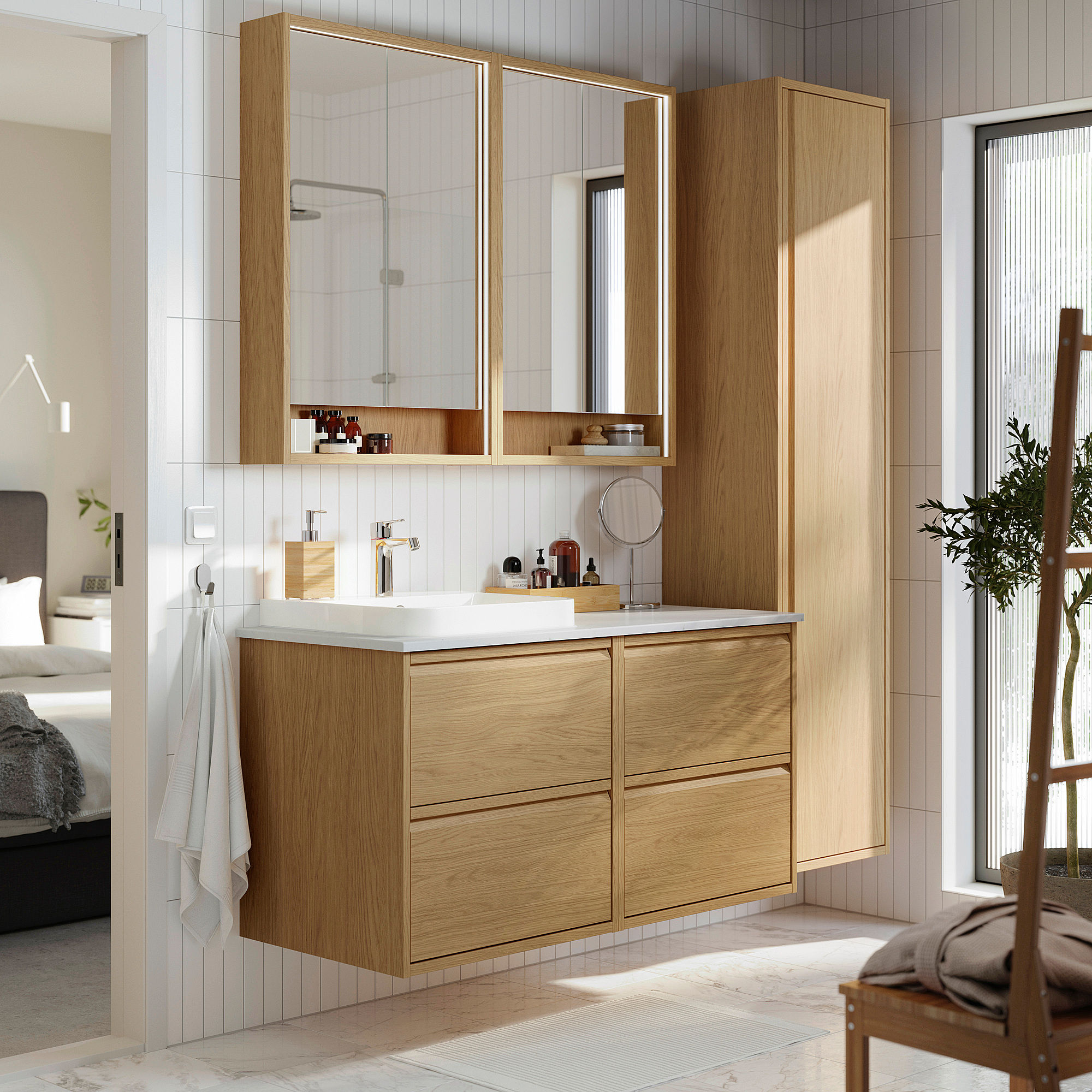 ÄNGSJÖN / BACKSJÖN Bathroom vanity with sink & faucet, oak effect/white marble effect, 49x21 1/2x28 1/4 "