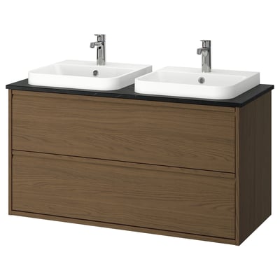 ÄNGSJÖN / BACKSJÖN Bathroom vanity with sink & faucets, brown oak effect/black marble effect, 49x21 1/2x28 1/4 "