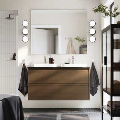 ÄNGSJÖN / BACKSJÖN Bathroom vanity with sink & faucets, brown oak effect/black marble effect, 49x21 1/2x28 1/4 "
