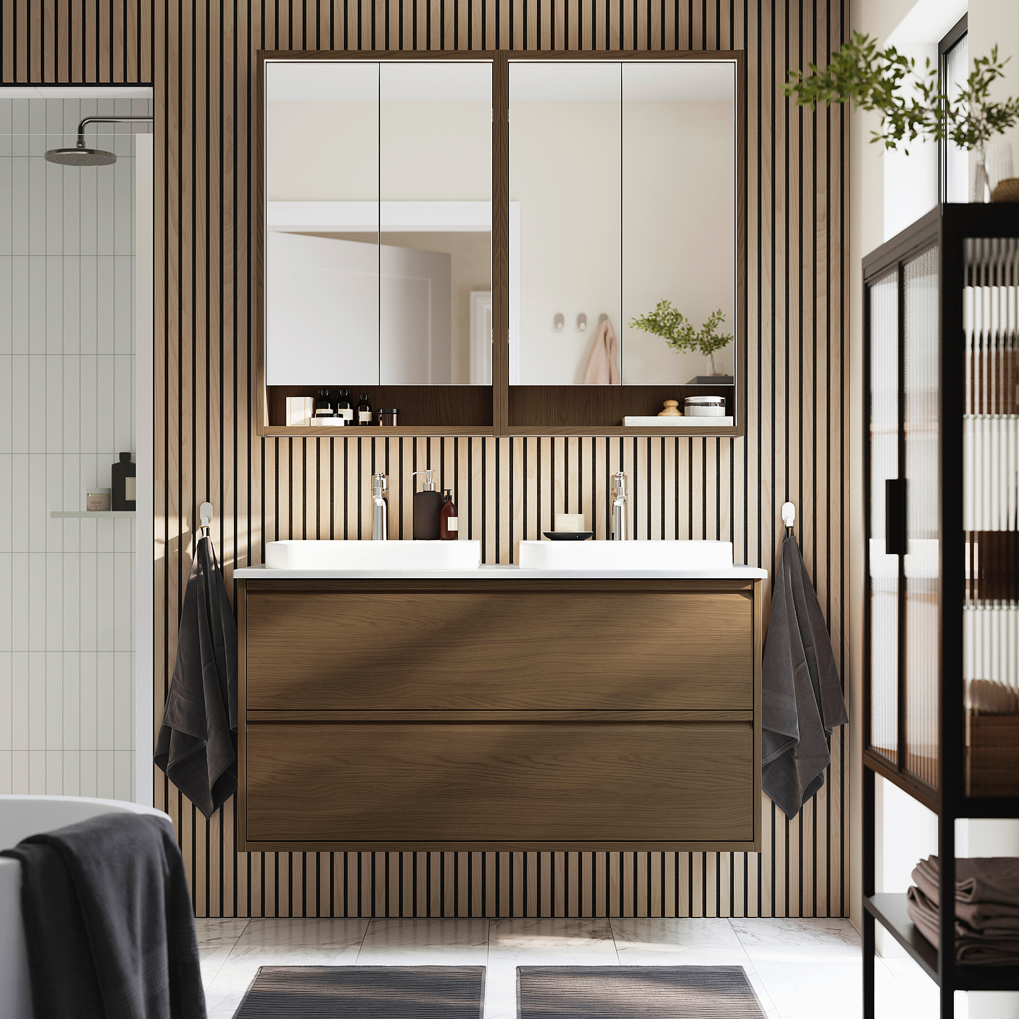 ÄNGSJÖN / BACKSJÖN Bathroom vanity with sink & faucets, brown oak effect/white marble effect, 49x21 1/2x28 1/4 "