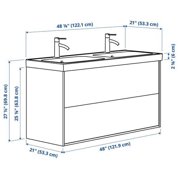 ÄNGSJÖN / BACKSJÖN Bathroom vanity with sink & faucets, brown oak effect, 48 1/8x21x27 1/2 "