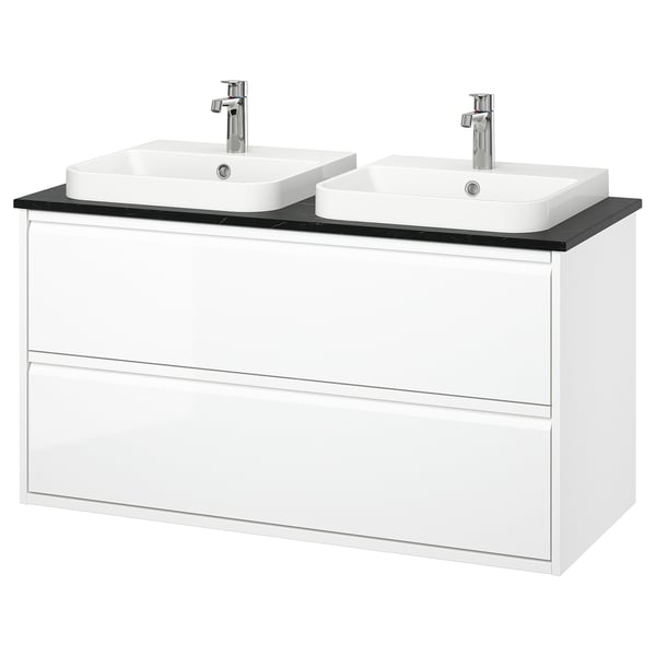 ÄNGSJÖN / BACKSJÖN Bathroom vanity with sink & faucets, high gloss white/black marble effect, 49x21 1/2x28 1/4 "