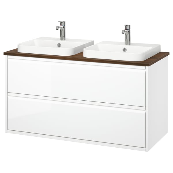 ÄNGSJÖN / BACKSJÖN Bathroom vanity with sink & faucets, high gloss white/brown walnut effect, 49x21 1/2x28 1/4 "