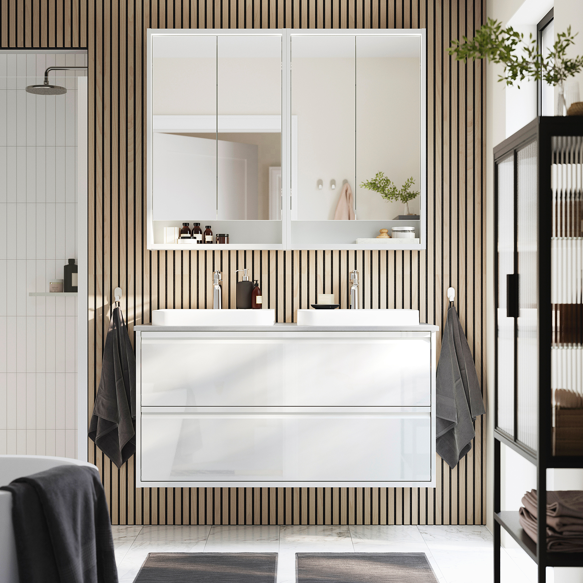 ÄNGSJÖN / BACKSJÖN Bathroom vanity with sink & faucets, high gloss white/gray stone effect, 49x21 1/2x28 1/4 "
