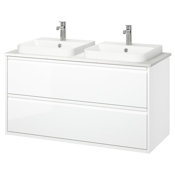ÄNGSJÖN / BACKSJÖN Bathroom vanity with sink & faucets, high gloss white/white marble effect, 49x21 1/2x28 1/4 "