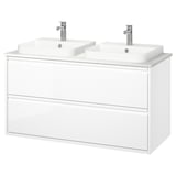 ÄNGSJÖN / BACKSJÖN Bathroom vanity with sink & faucets, high gloss white/white marble effect, 49x21 1/2x28 1/4 "