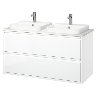 ÄNGSJÖN / BACKSJÖN Bathroom vanity with sink & faucets, high gloss white/white marble effect, 49x21 1/2x28 1/4 "
