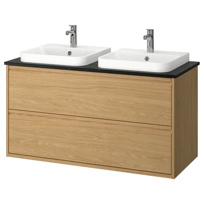 ÄNGSJÖN / BACKSJÖN Bathroom vanity with sink & faucets, oak effect/black marble effect, 49x21 1/2x28 1/4 "