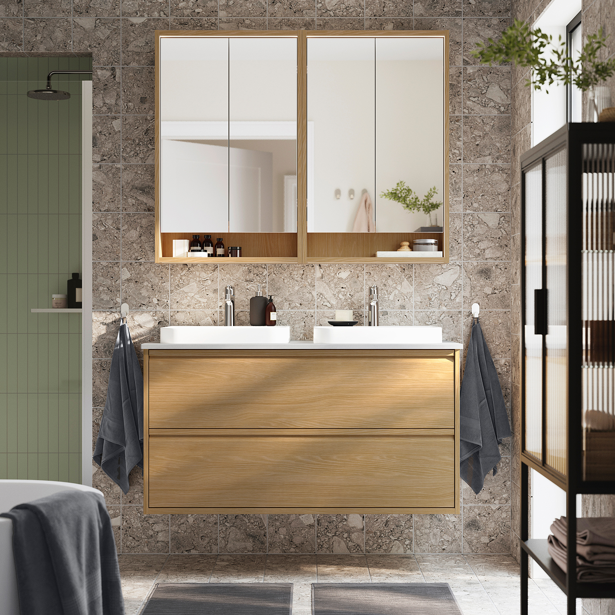 ÄNGSJÖN / BACKSJÖN Bathroom vanity with sink & faucets, oak effect/gray stone effect, 49x21 1/2x28 1/4 "
