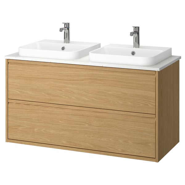 ÄNGSJÖN / BACKSJÖN Bathroom vanity with sink & faucets, oak effect/white marble effect, 49x21 1/2x28 1/4 "