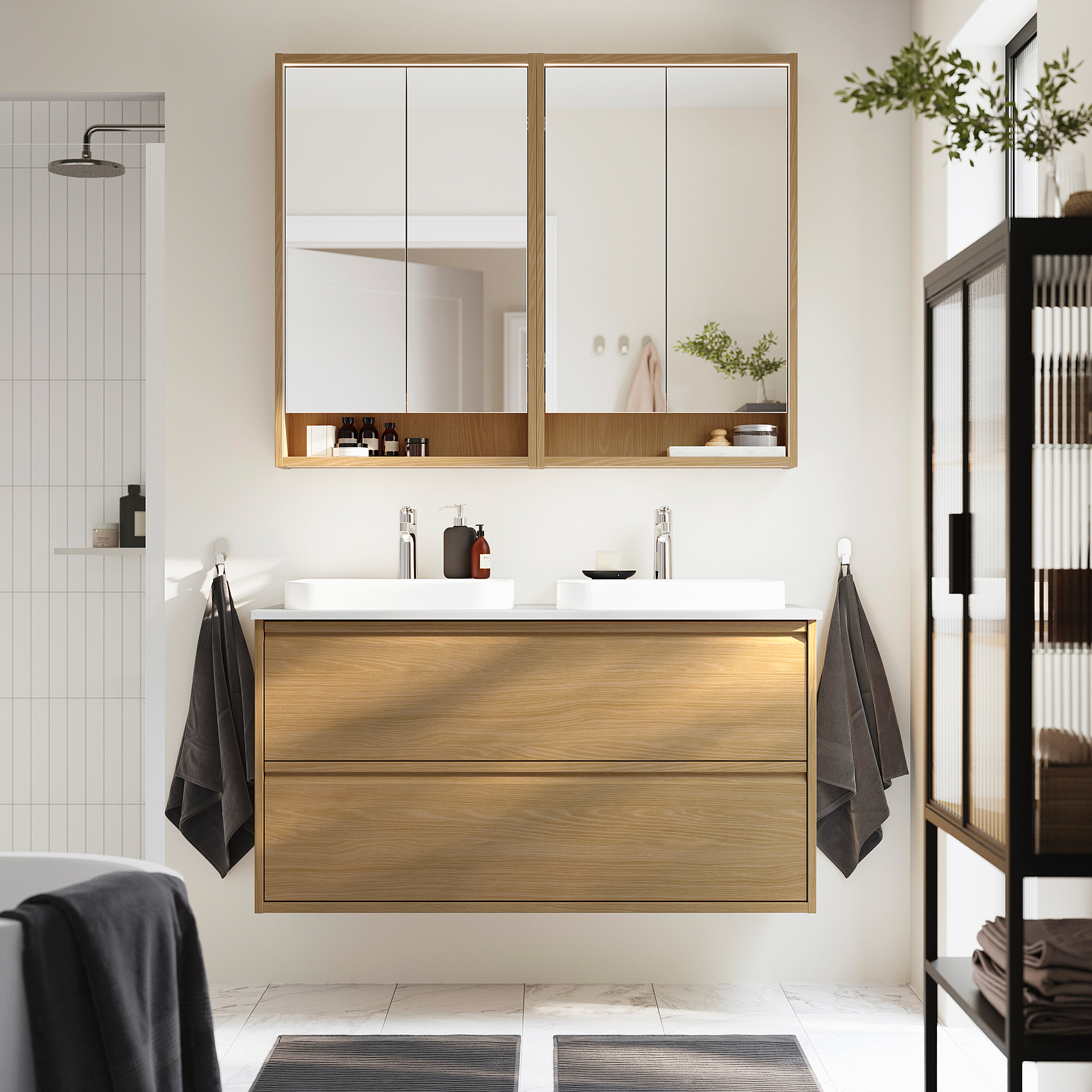 ÄNGSJÖN / BACKSJÖN Bathroom vanity with sink & faucets, oak effect/white marble effect, 49x21 1/2x28 1/4 "