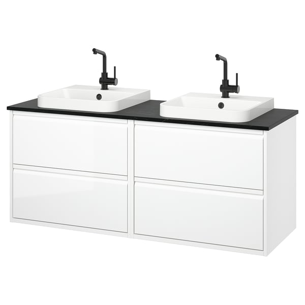 ÄNGSJÖN / BACKSJÖN Double vanity with sink & faucet, high gloss white ...