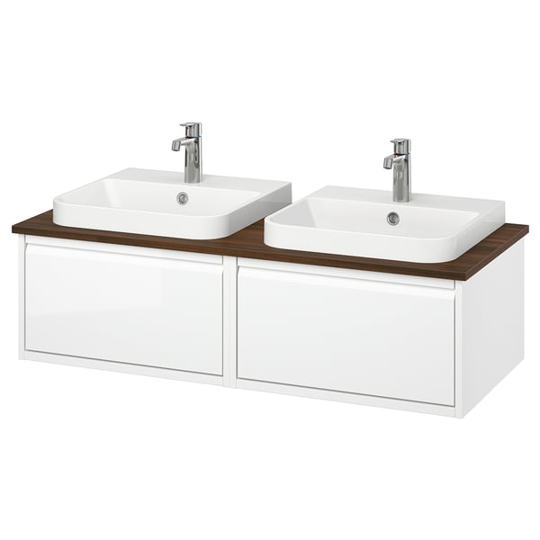 ÄNGSJÖN / BACKSJÖN Double vanity with sink & faucet, high gloss white/brown walnut effect, 49x21 1/2x16 1/4 "