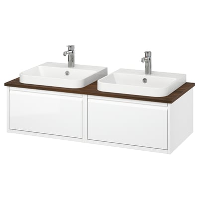 ÄNGSJÖN / BACKSJÖN Double vanity with sink & faucet, high gloss white/brown walnut effect, 49x21 1/2x16 1/4 "