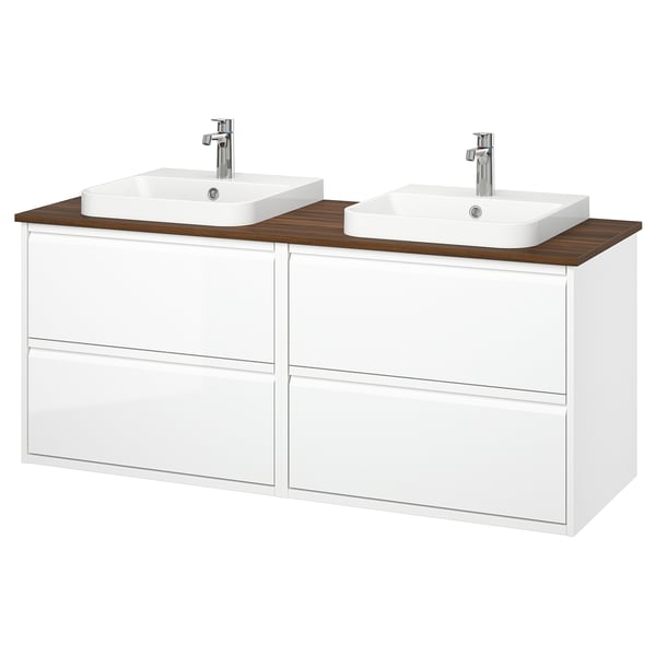 ÄNGSJÖN / BACKSJÖN Double vanity with sink & faucet, high gloss white/brown walnut effect, 61x21 1/2x28 1/4 "