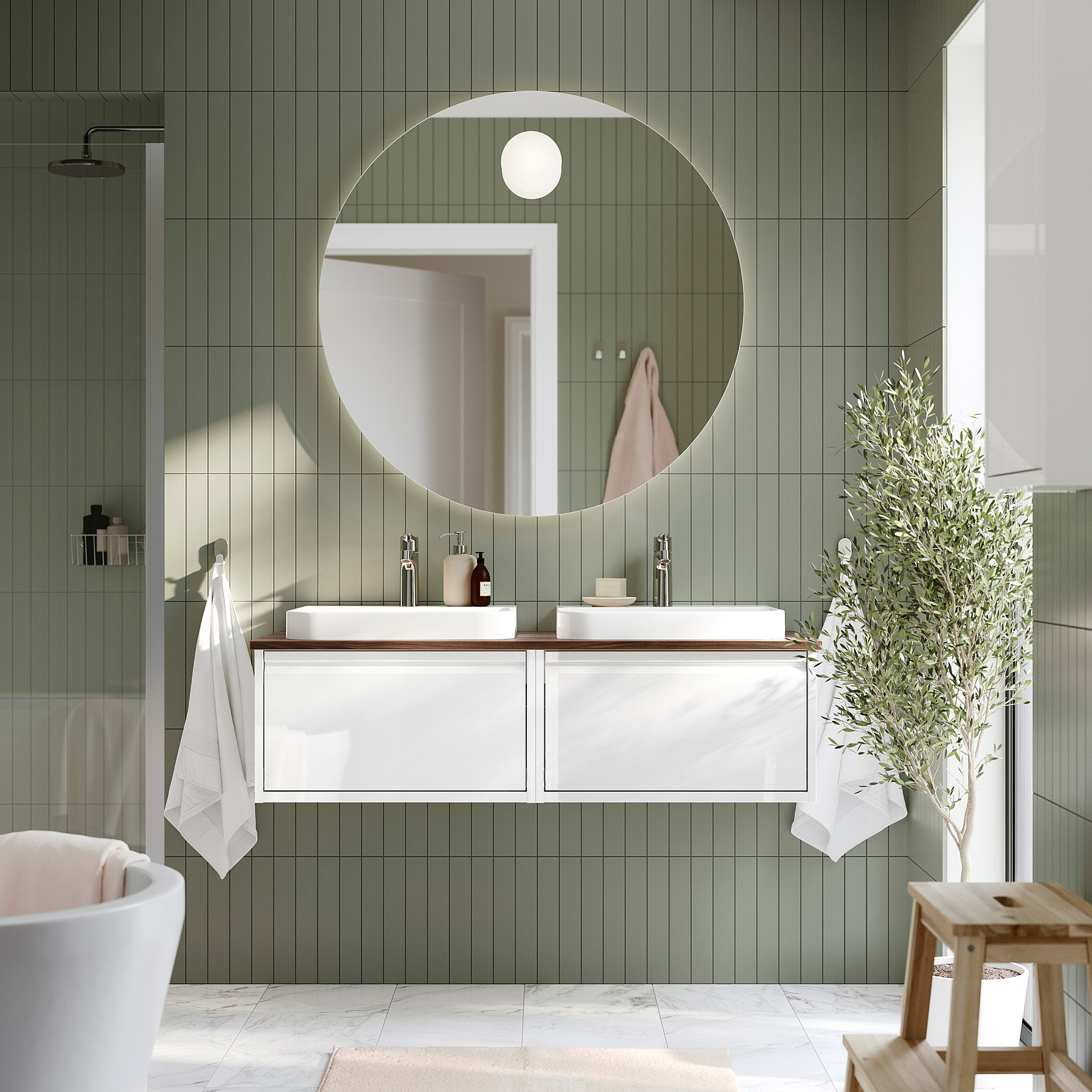 ÄNGSJÖN / BACKSJÖN Double vanity with sink & faucet, high gloss white/brown walnut effect, 49x21 1/2x16 1/4 "