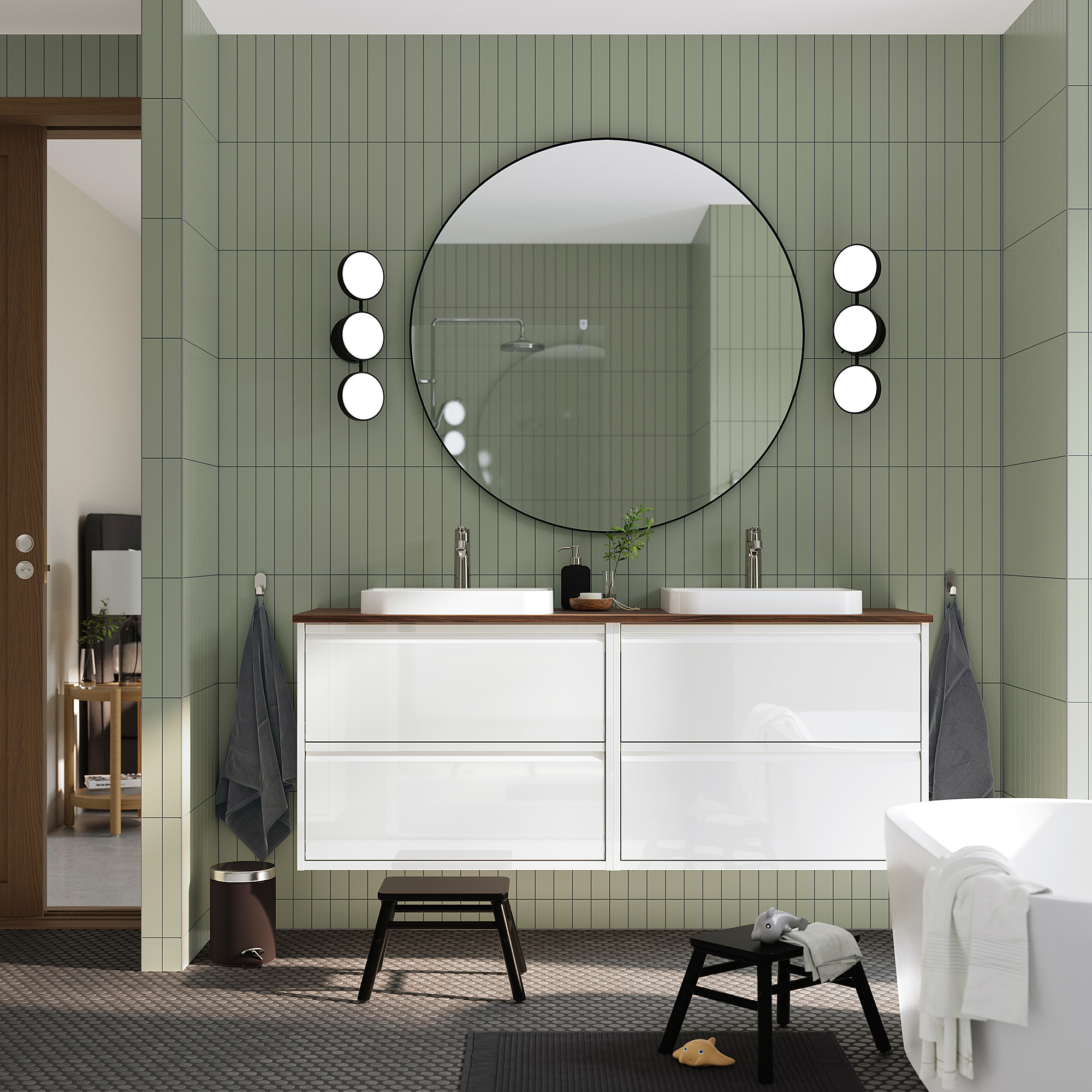 ÄNGSJÖN / BACKSJÖN Double vanity with sink & faucet, high gloss white/brown walnut effect, 61x21 1/2x28 1/4 "