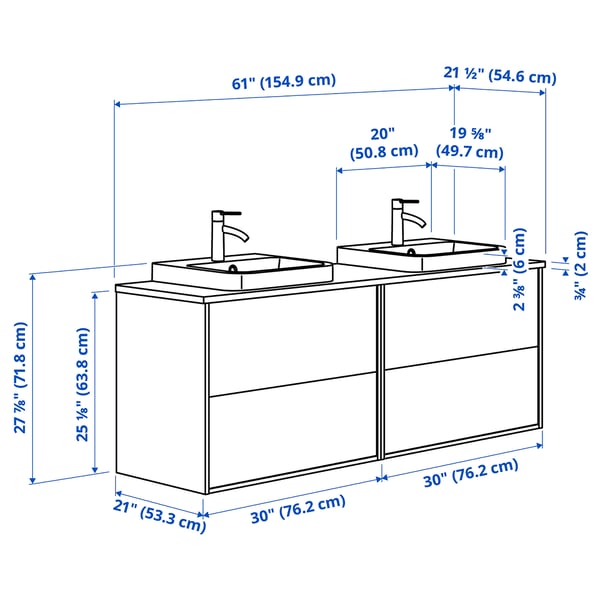 ÄNGSJÖN / BACKSJÖN Double vanity with sink & faucet, high gloss white/brown walnut effect, 61x21 1/2x28 1/4 "