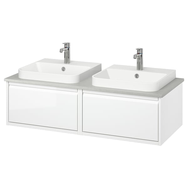 ÄNGSJÖN / BACKSJÖN Double vanity with sink & faucet, high gloss white/gray stone effect, 49x21 1/2x16 1/4 "