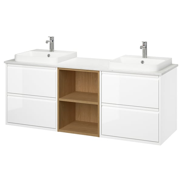 ÄNGSJÖN / BACKSJÖN Double vanity with sink & faucet, high-gloss white/oak effect/white marble effect, 67x21 1/2x28 1/4 "