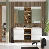 ÄNGSJÖN / BACKSJÖN Double vanity with sink & faucet, high-gloss white/oak effect/white marble effect, 67x21 1/2x28 1/4 "