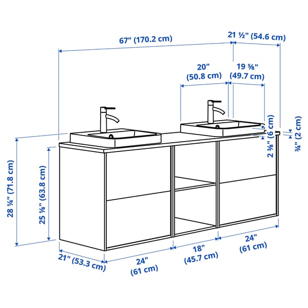 ÄNGSJÖN / BACKSJÖN Double vanity with sink & faucet, high-gloss white/oak effect/white marble effect, 67x21 1/2x28 1/4 "