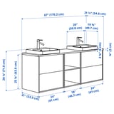 ÄNGSJÖN / BACKSJÖN Double vanity with sink & faucet, high-gloss white/oak effect/white marble effect, 67x21 1/2x28 1/4 "