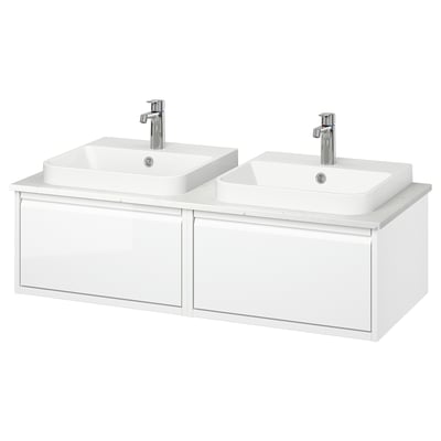 ÄNGSJÖN / BACKSJÖN Double vanity with sink & faucet, high gloss white/white marble effect, 49x21 1/2x16 1/4 "