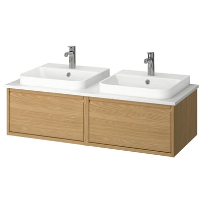 ÄNGSJÖN / BACKSJÖN Double vanity with sink & faucet, oak effect/white marble effect, 49x21 1/2x16 1/4 "