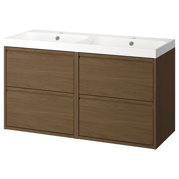 Modern wooden bathroom vanity in brown oak with double white sinks and sleek handles.