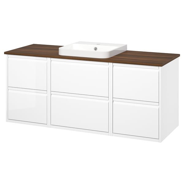 ÄNGSJÖN / BACKSJÖN Wash-stand/wash-basin, high gloss white/brown walnut effect, 61x21 1/2x28 1/4 "