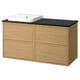 Modern oak vanity with black countertop, white basin, four drawers, sleek handles, wall-mounted.