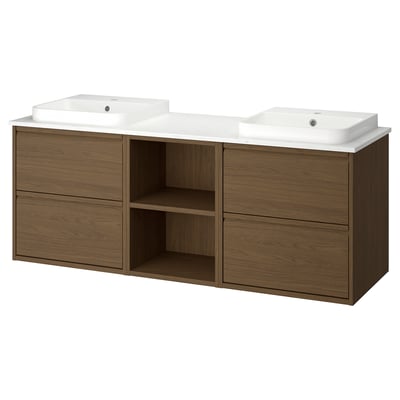 ÄNGSJÖN / BACKSJÖN Wash-stand/wash-basins, brown oak effect/white marble effect, 67x21 1/2x28 1/4 "