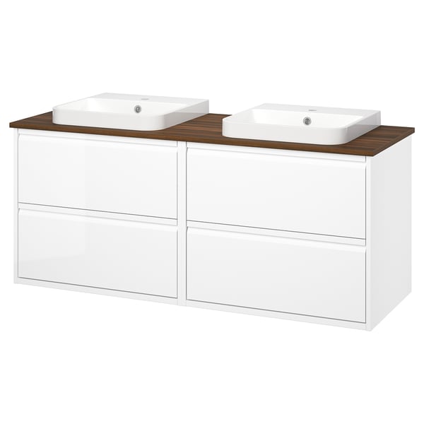 ÄNGSJÖN / BACKSJÖN Wash-stand/wash-basins, high gloss white/brown walnut effect, 61x21 1/2x28 1/4 "