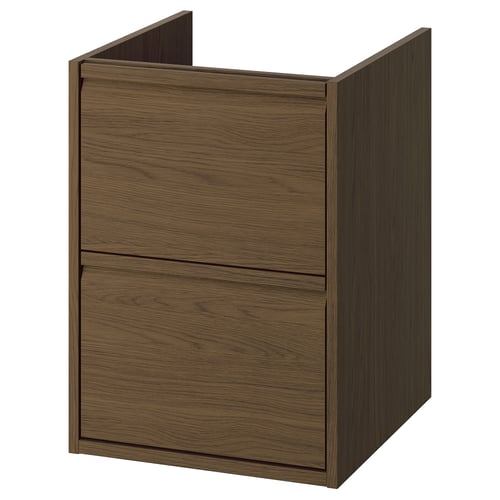 The ÄNGSJÖN bathroom cabinet in dark wood finish. It has a minimalist design with integrated handles and two drawers for storage.
