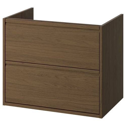 ÄNGSJÖN bathroom cabinet in dark brown wood, minimalist style with integrated handles, two drawers, wall-mountable.