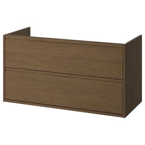 Wooden bathroom cabinet, brown, minimalist with integrated handles, 2 drawers, wall-mount or countertop ready.