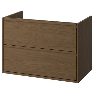 ÄNGSJÖN bathroom cabinet, dark brown, wooden grain, rectangular, wall-mount with drawers.