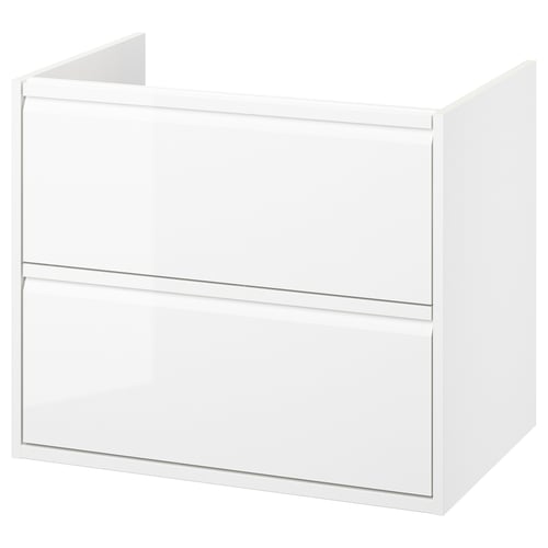 ÄNGSJÖN white bathroom cabinet. Sleek design, wall-mount or legs, two drawers, glossy finish.