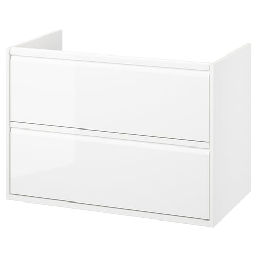 ÄNGSJÖN: modern white bathroom cabinet with glossy finish, integrated handles, and two drawers.