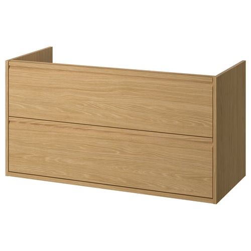 Modern oak-finished bathroom cabinet, minimalist design with integrated handles and two drawers.